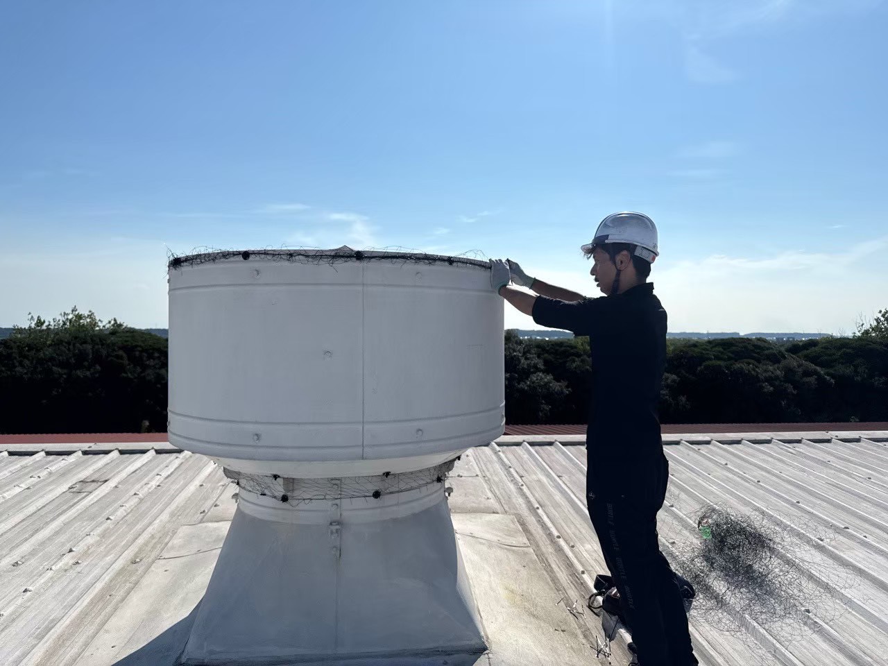 屋根上ベンチレーターへの防鳥ネット施工：上縁部への取り付け作業
