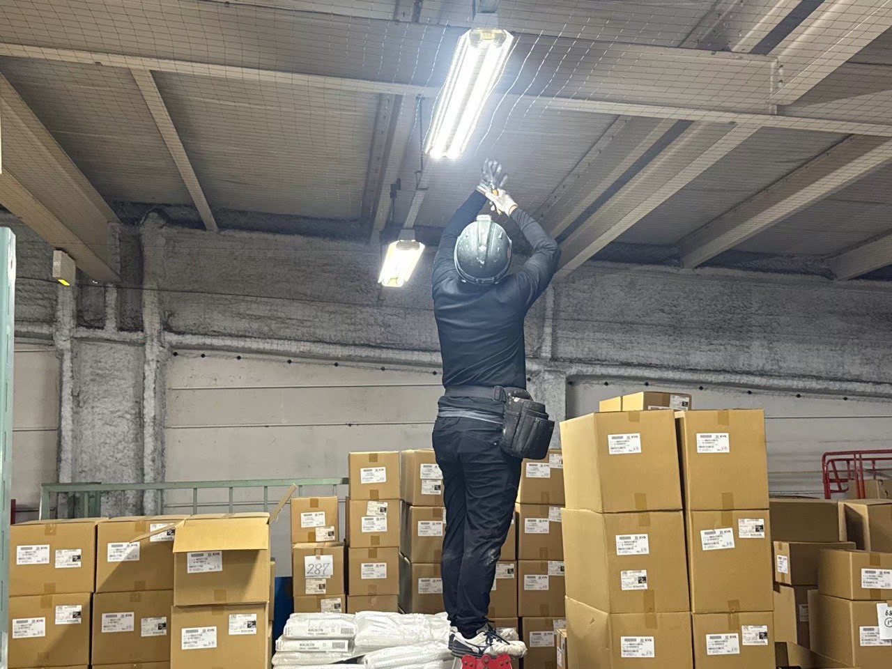 保管品・出荷待ち商品が並ぶ倉庫内での施工：脚立を使用した天井付近へのネット固定