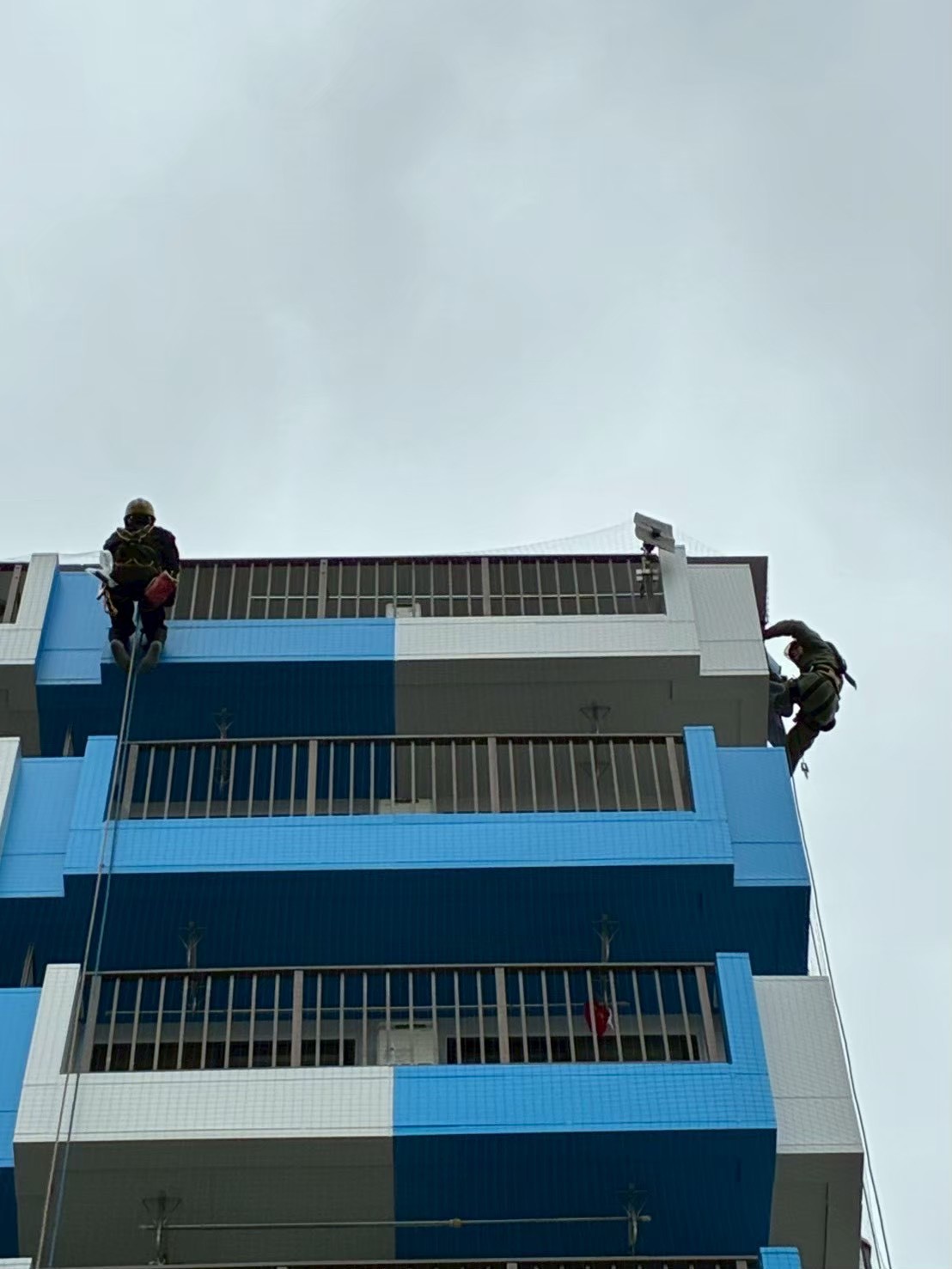 ロープアクセスによる外壁上部でのネット取り付け基点設置：2名1組で屋上から降下して施工