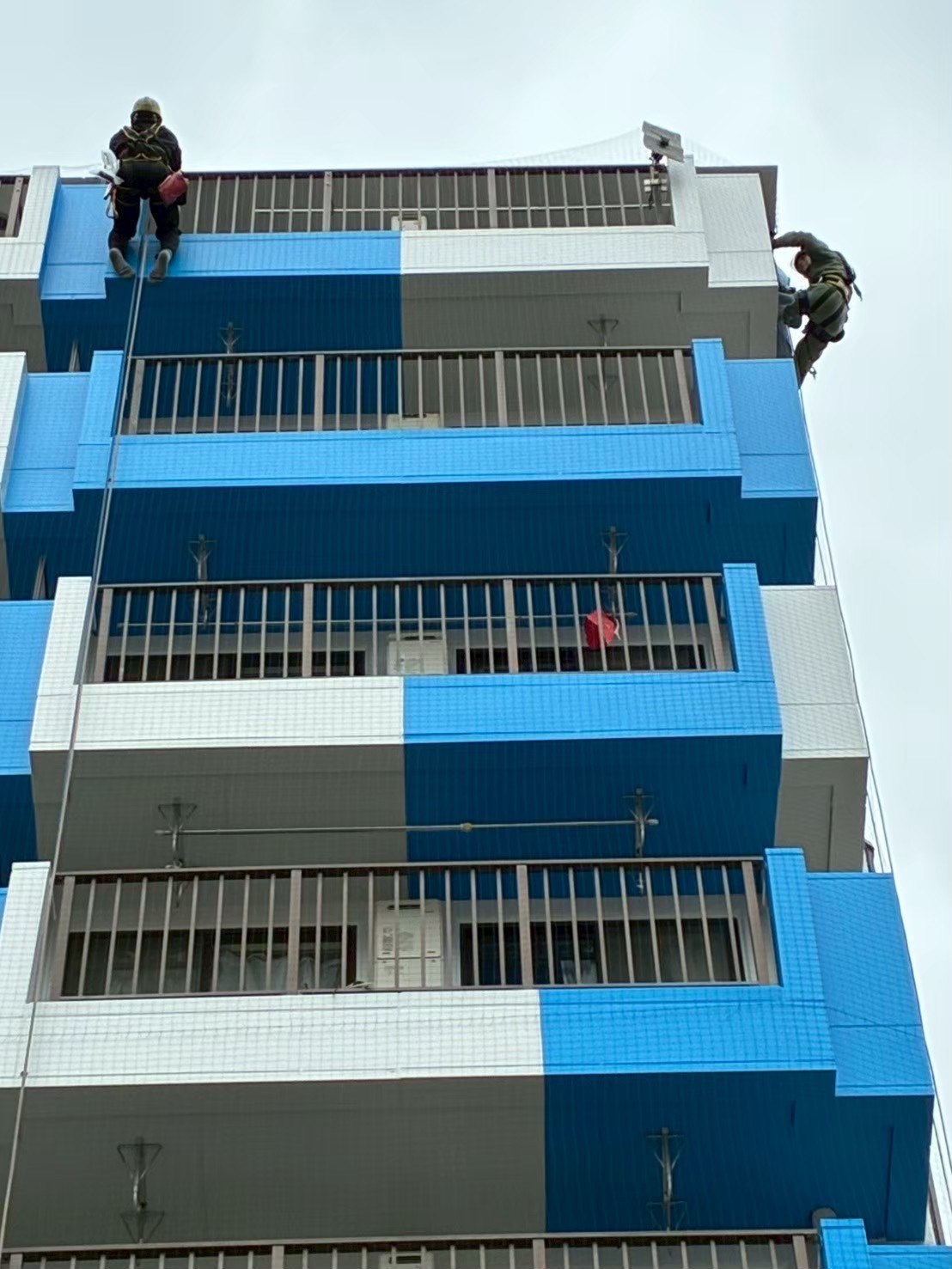 ロープアクセスによる外壁上部施工の全景：複数階にわたる外壁面への施工状況
