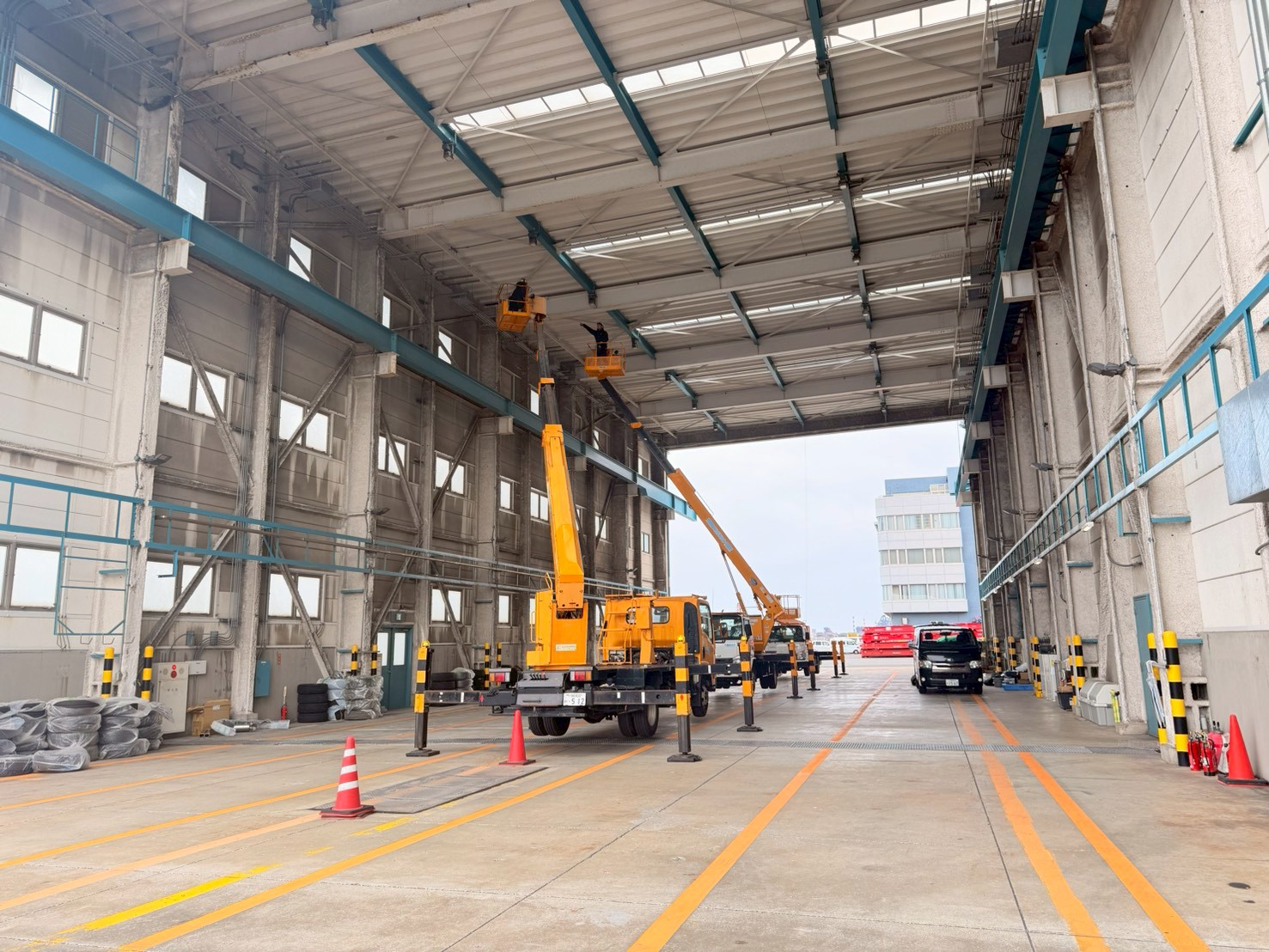 施工完了後の工場内全景：天井面・壁面全域にネットが張設され、カラスの侵入経路をすべて封鎖した状態